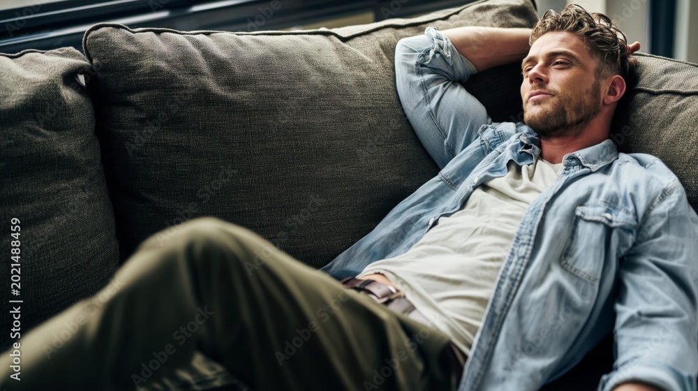 Fototapeta premium Man Relaxing On Sofa Indoors Daytime Comfort