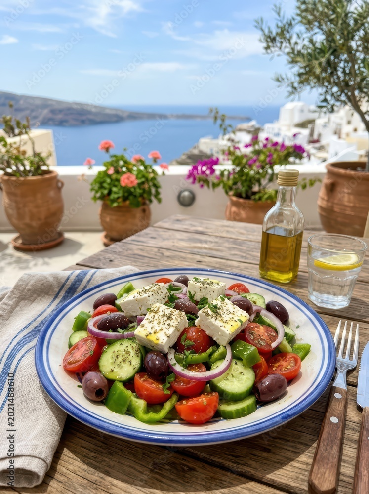 Fototapeta premium Greek salad served on terrace table overlooking island sea view