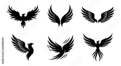 Foto Mythical Phoenix Bird and Wing Vector Icons Set, Black Silhouette Graphics for F
