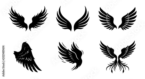 Foto Black Silhouette Wing Icons Set, Angel Feather Wings Vector Graphics, Mythical C