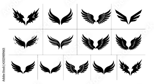 Fotografie Diverse Wing Icons Collection, Black Silhouette Vector Graphics for Emblem Desig