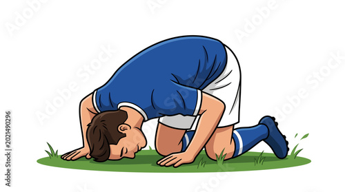 Tableau sur toile Soccer player bowing head on field, showing disappointment or prayer