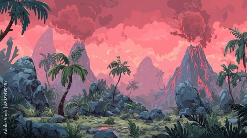 A cartoon prehistoric landscape with erupting volcanoes, rocky hills, and lush green plants.