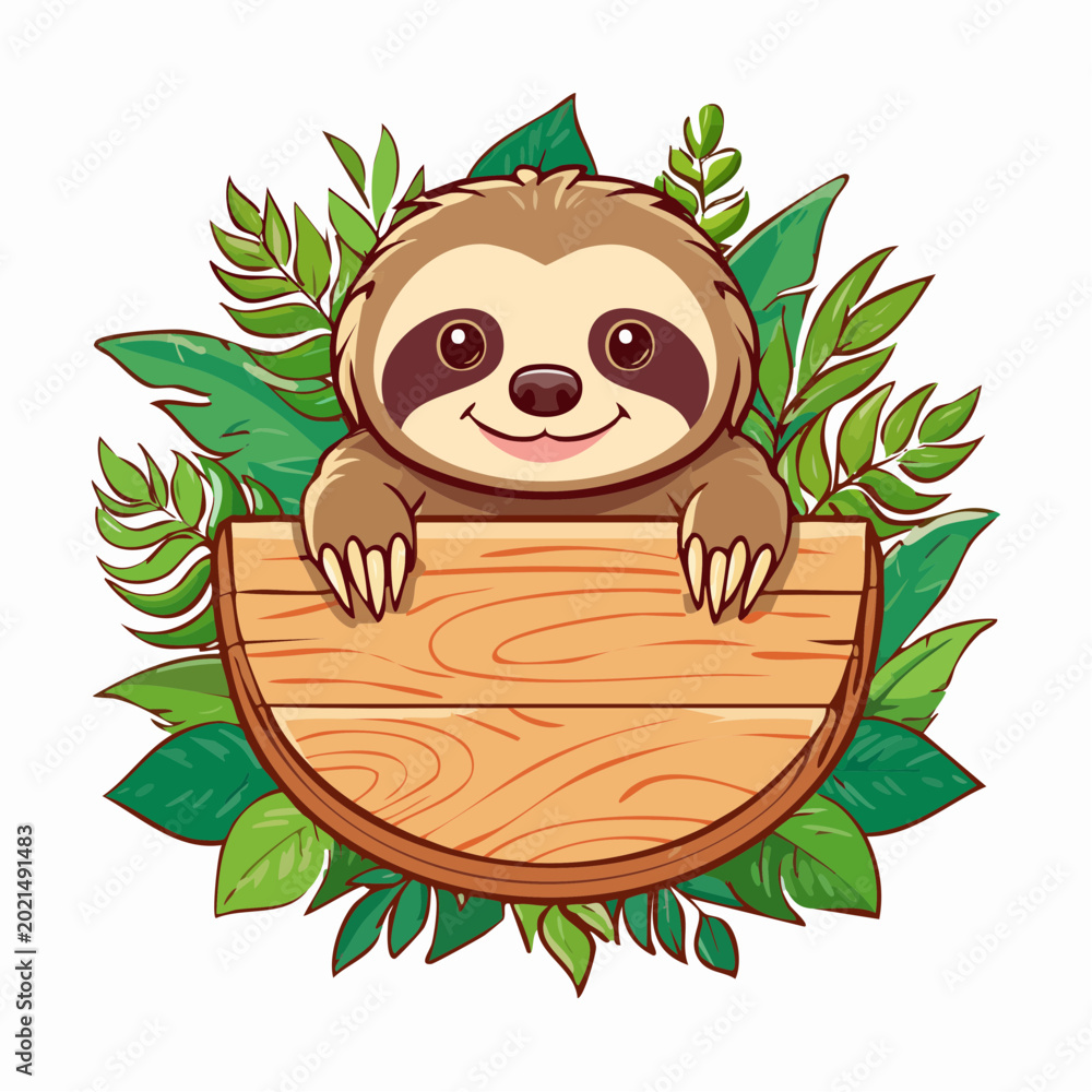 Fototapeta premium Cute Cartoon Sloth Holding a Wooden Sign with Tropical Leaves