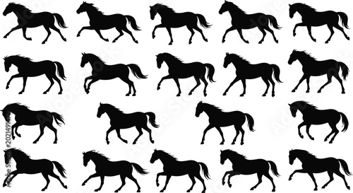 Foto Collection of running horse silhouettes in dynamic motion isolated on light back