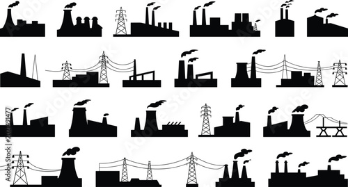 Collection of industrial factory and power plant silhouettes with electric towers isolated on light background