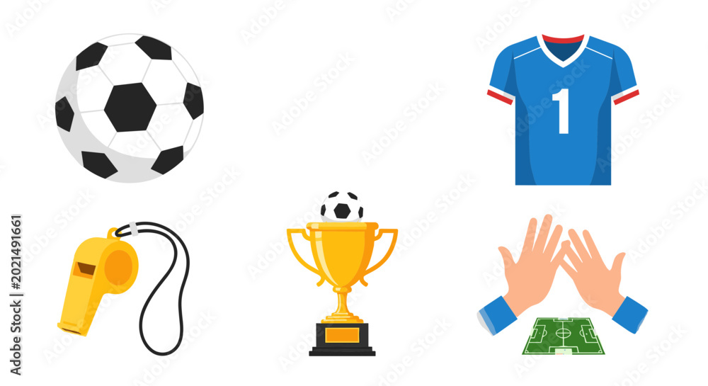 Fototapeta premium Soccer equipment and symbols including ball jersey whistle trophy and field illustration