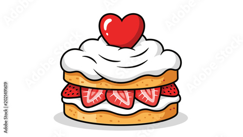 Delicious strawberry shortcake with whipped cream and a heart decoration on top isolated on white background