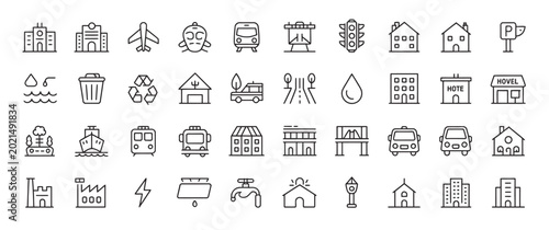 Comprehensive collection of urban infrastructure and city life line icons for navigation
