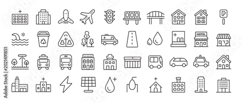Collection of outline city icons representing urban infrastructure and public transportation