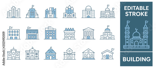 Set of modern blue and gray editable stroke line icons featuring various city buildings