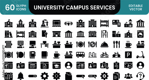 University campus services glyph icon collection with education facilities dormitory transport and student support symbols