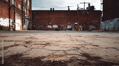 A deserted industrial city street with a weathered warehouse brick wall and gritty textures, showcasing an authentic grunge urban backdrop.