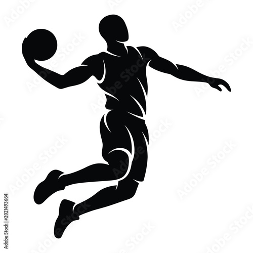 Fotografie Silhouette of basketball player jumping with ball in mid-air line art illustrati