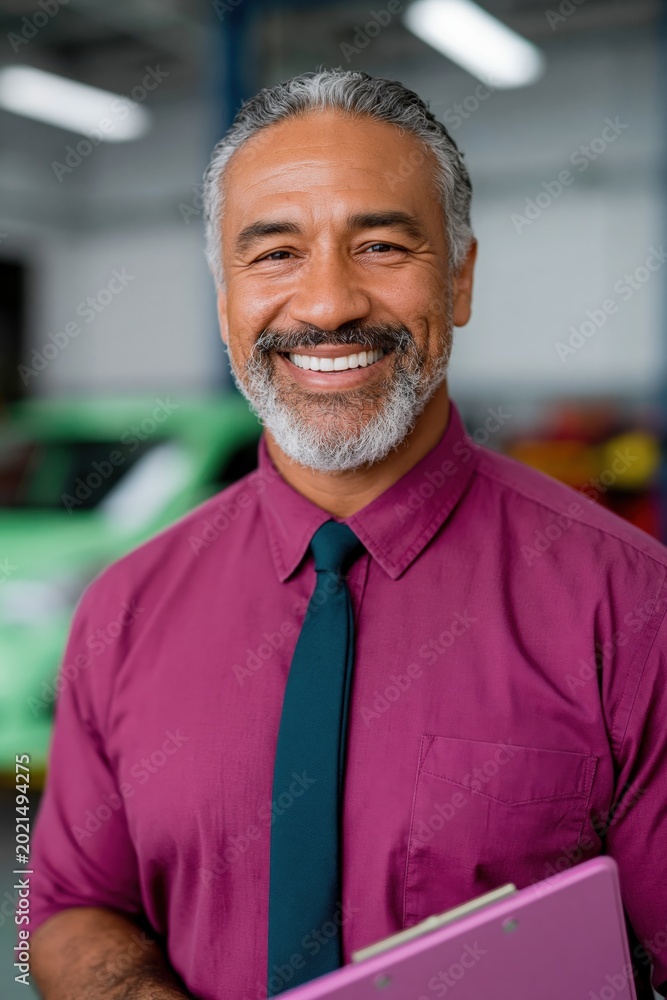 Obraz premium Smiling man holding clipboard near classic car in garage