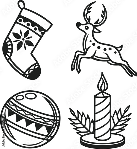 Bild auf Leinwand Christmas icons, holiday symbols, festive decorations, vector graphics