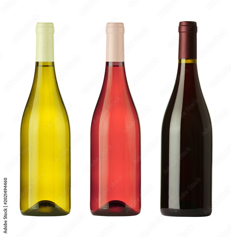 Obraz premium Rose, red and white wine in bottles on transparent background