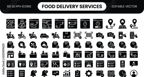 Konstfotografi Food Delivery Services Glyph Icon Set for Restaurant Ordering Tracking Courier N