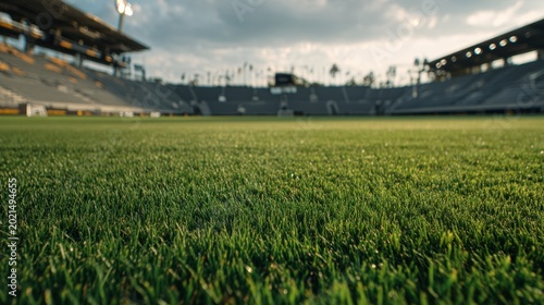 A dramatic low-angle perspective of a vibrant green soccer field with stadium seats in the distance under gentle natural light.