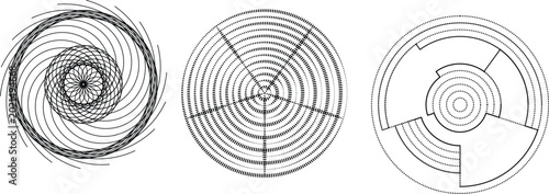 Geometric spirals and concentric circles black and white vector illustration