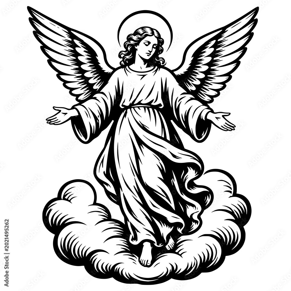 Obraz premium angel standing on clouds with open hands for divine heaven religion spiritual guardian blessing and sacred fantasy concept