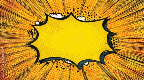 A retro comic pop art background with yellow starburst, halftone dots, and speech bubble frame.