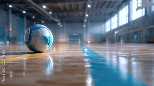 Futsal ball on polished indoor court with court markings and team sport atmosphere, highlighting speed and precision.