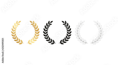 Set of three laurel wreaths in gold black and silver minimalist vector design elements for awards branding and achievement concepts isolated on white