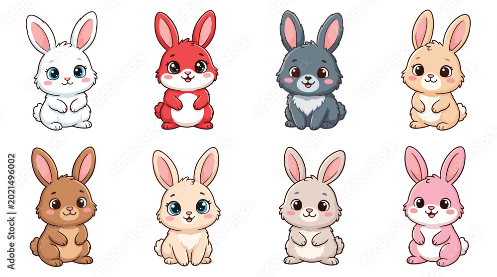 Obraz premium Cute colorful cartoon rabbits collection with different fur shades and playful expressions for children’s illustrations and design