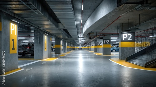 Bright multi story underground parking garage interior with numbered level signs and yellow floor markings. AI generated image