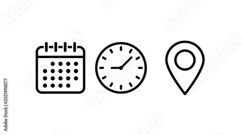 Minimalist set of calendar clock and location pin line icons perfect for scheduling and event management in web and mobile applications