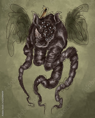 Tableau sur toile Illustrated dark fantasy creature with a catlike head, tentacle legs, spotted fa