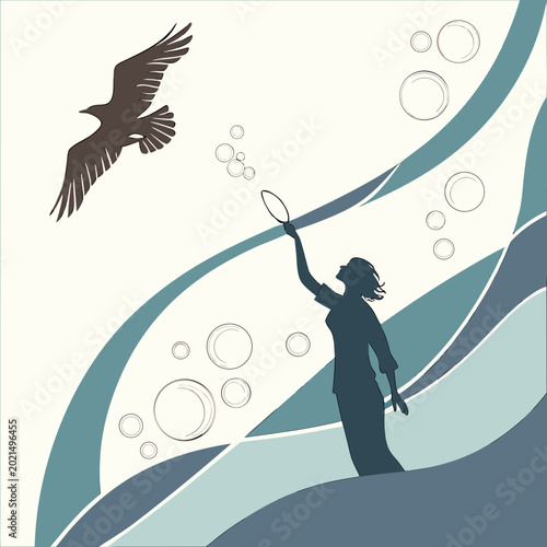 Tableau sur toile Woman catching bubbles with bird flying overhead