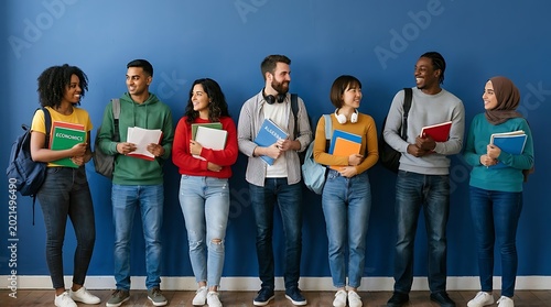 Diverse group of students with books and backpacks standing against blue wall on first day back to school