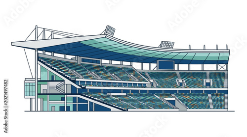 Modern Sports Stadium Architecture with Blue and White Seating and Roof