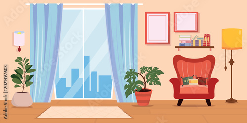 Vector illustration of elegant living room interior. Cartoon scene of cozy living room with armchair, pillows, bookshelf, picture frames, floor lamp, lamp, flower pots, large window with view of city.