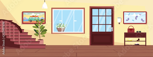 Vector illustration of a beautiful hallway interior. Cartoon scene of an entrance door, window, paintings on the wall, flower pots, houseplant, bedside table with shoes, glasses, bag, stairs, lamps.