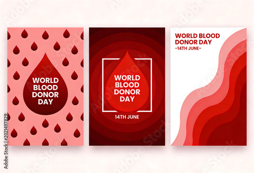 Collection of three artistic posters for world blood donor day in red theme color.