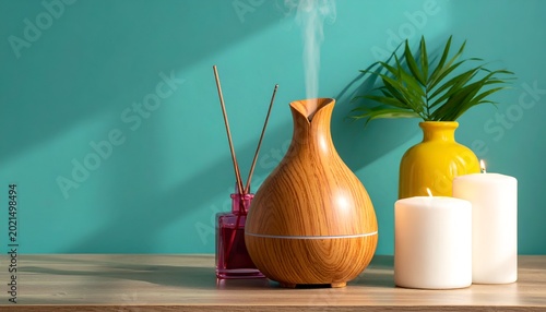 Wooden diffuser steaming, beside candles, vase, sticks against teal background