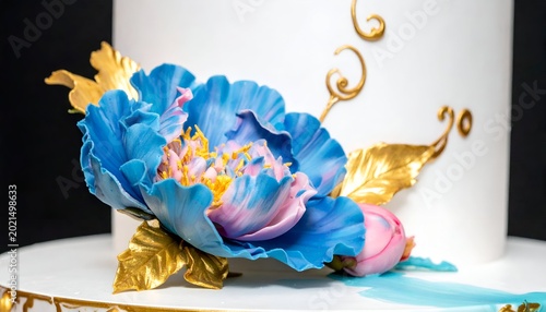 White cake with large blue sugar flower and gold accents close up