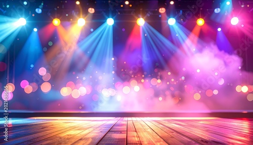 Stage with bright beams, smoke, and bokeh over wooden floor