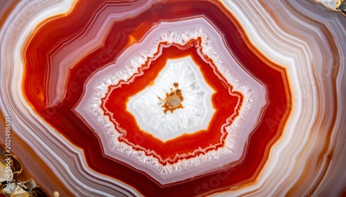 Polished agate slice showing concentric rings of red, white, and brown tones