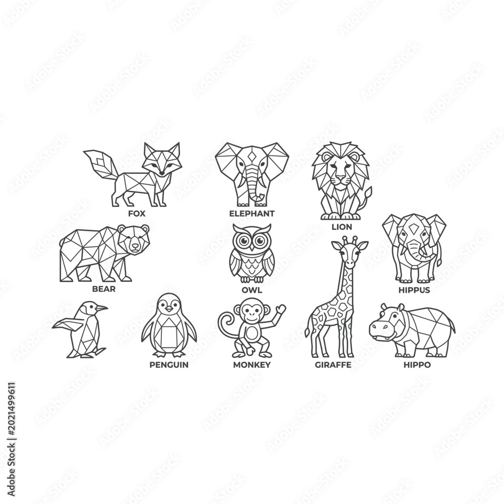 Fototapeta premium Geometric animal illustrations of fox bear penguin lion with low poly line art white background