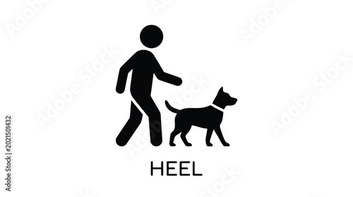 Minimal black silhouette vector icon of person walking dog with heel command instruction isolated on white background