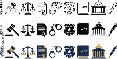 Photos Law and justice icons set: gavel scales document handcuffs badge law book courth