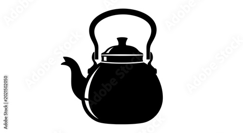 Black silhouette of a classic teakettle with handle, spout, and lid on plain white background.