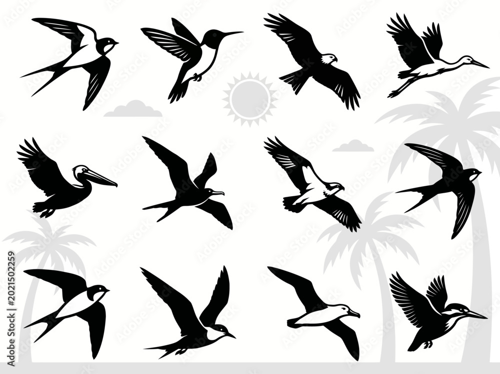 Fototapeta premium Flying bird silhouettes with tropical elements black and white