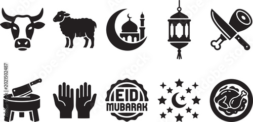 islamic eid qurbani celebration icon set vector illustration