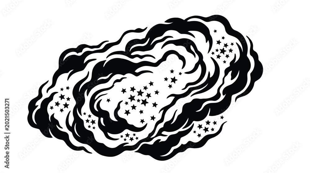 Fototapeta premium Whimsical black cloud illustration with stars and dreamy night sky concept isolated on white background
