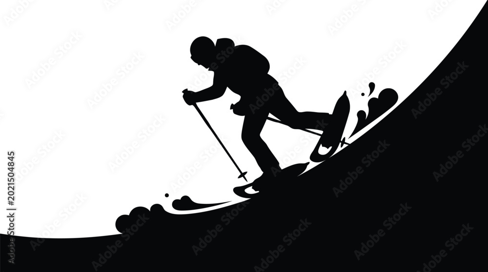 Fototapeta premium Dynamic skiing silhouette action pose with snowboarder descending hill isolated on white background